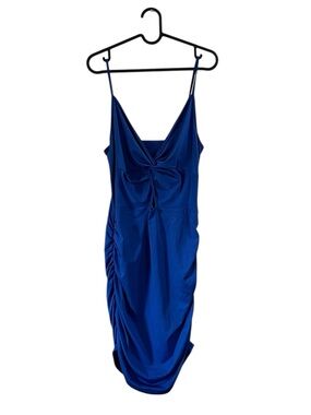 Royal Blue Ruched Bodycon Mini Dress Spaghetti Strap V Neck Keyhole Women’s Med